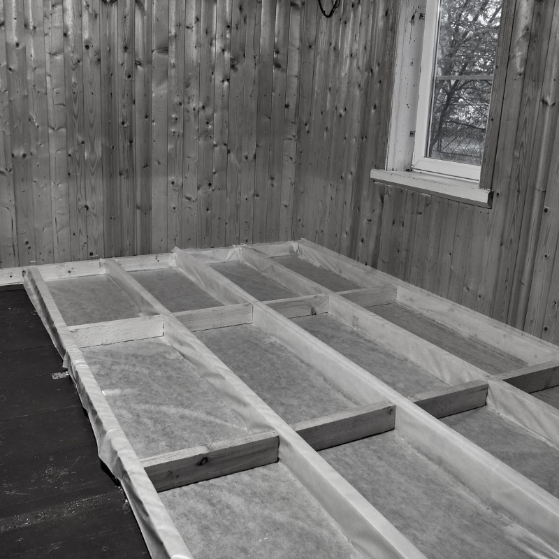 Black and white photo of studs being laid on the floor in preparation of insulation.