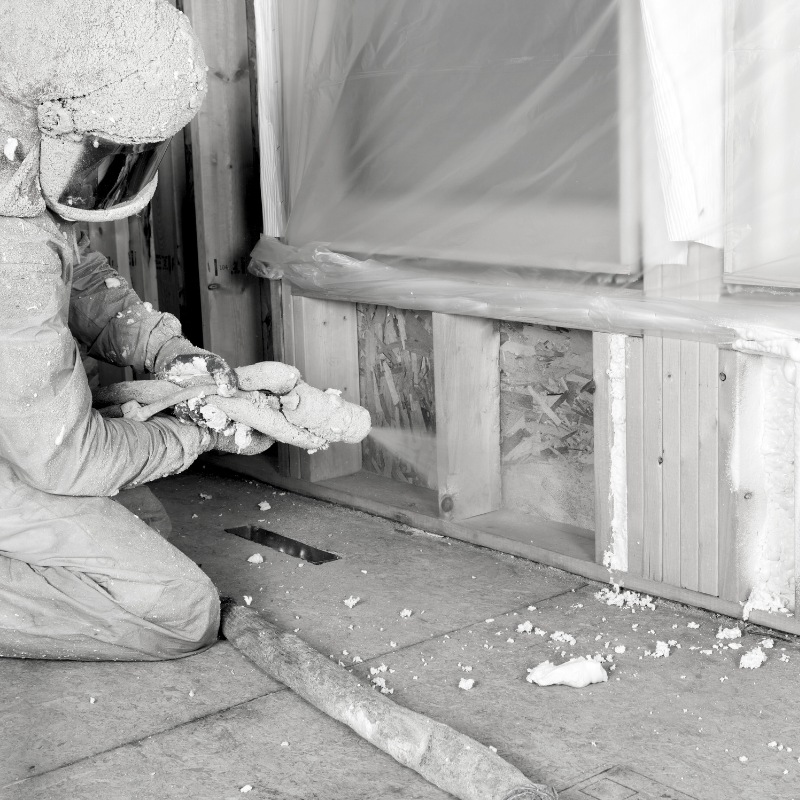 Black and white photo of a person spraying fibre insulation.