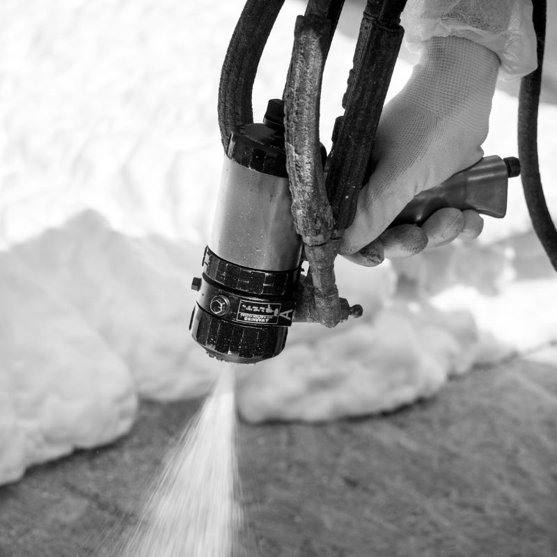 Black and white photo of a gun spraying insulation.